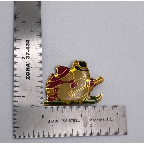 Vintage Snowman Snowwoman Puppy on Skis Skiing Pin Brooch Christmas Holiday - Picture 3 of 3
